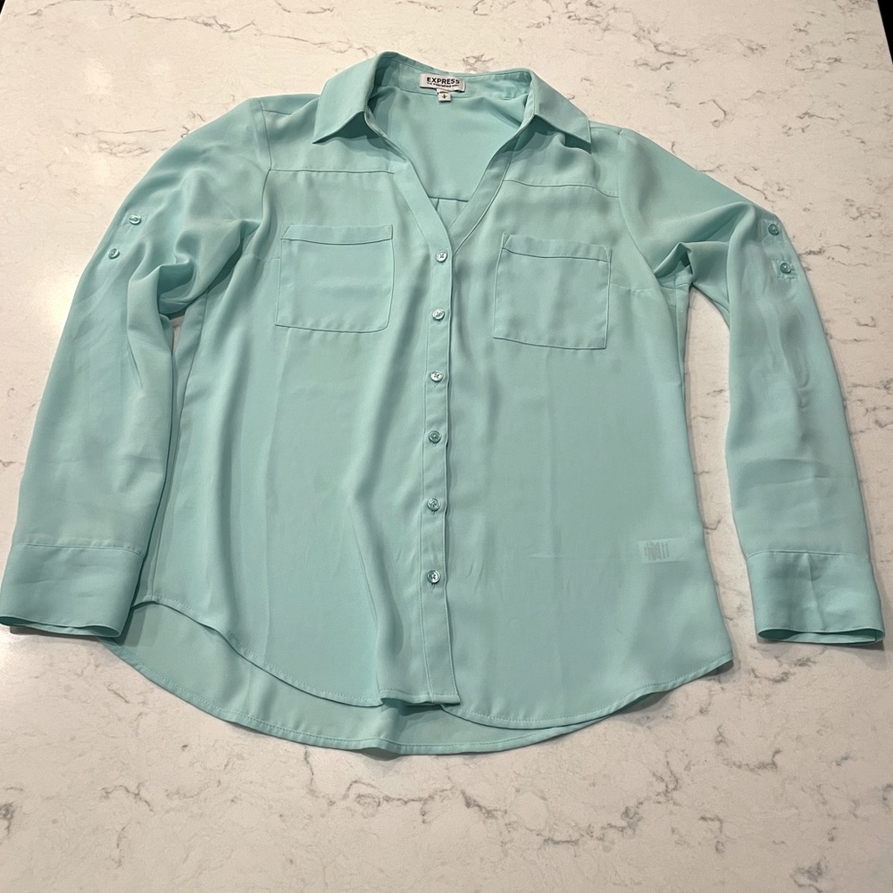 Gorgeous Express Portofino teal button-up blouse